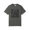 Pepper Colored T-Shirt with skull and cross tools and text on a white background