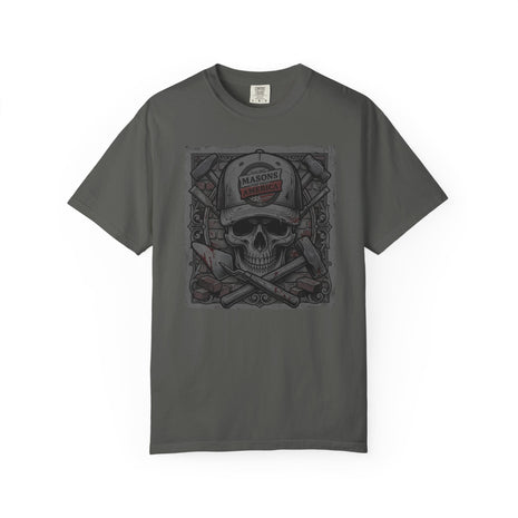 Pepper Colored T-Shirt with skull and cross tools and text on a white background