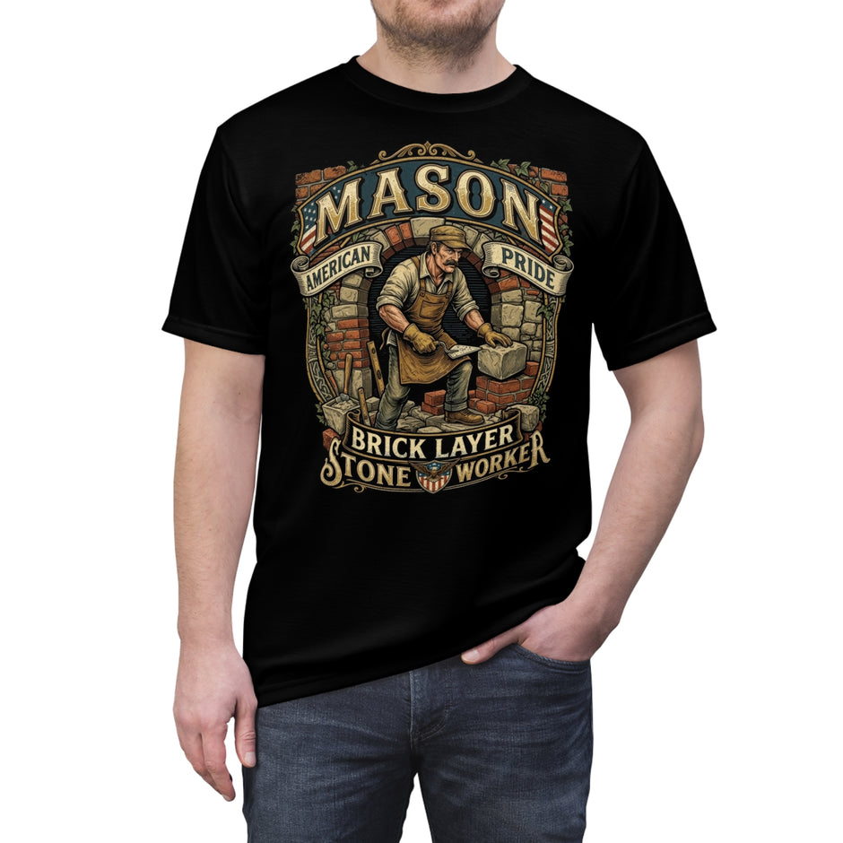 Black t-shirt with mason graphic and text on a white background