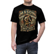 Black t-shirt with mason graphic and text on a white background