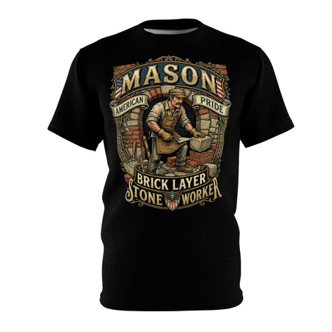 Black t-shirt with mason graphic and text on a white background