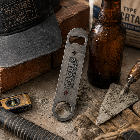 A metal Mason's tool bottle opener with red star accents and engraved branding, displayed among construction tools and a branded cap on a dusty work surface.