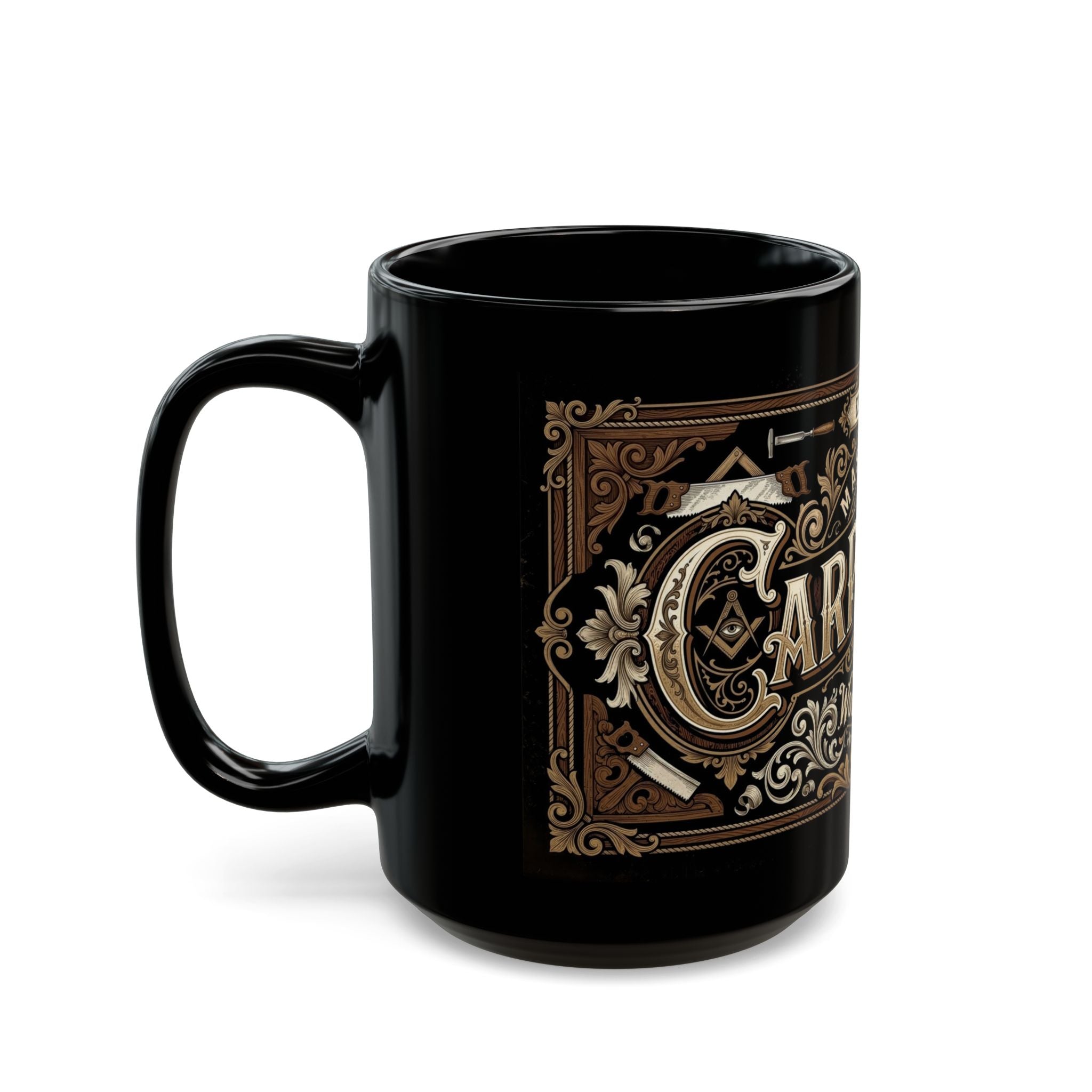 Black mug with decorative gold and brown design on a white background