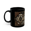 Black mug with decorative gold and brown design on a white background