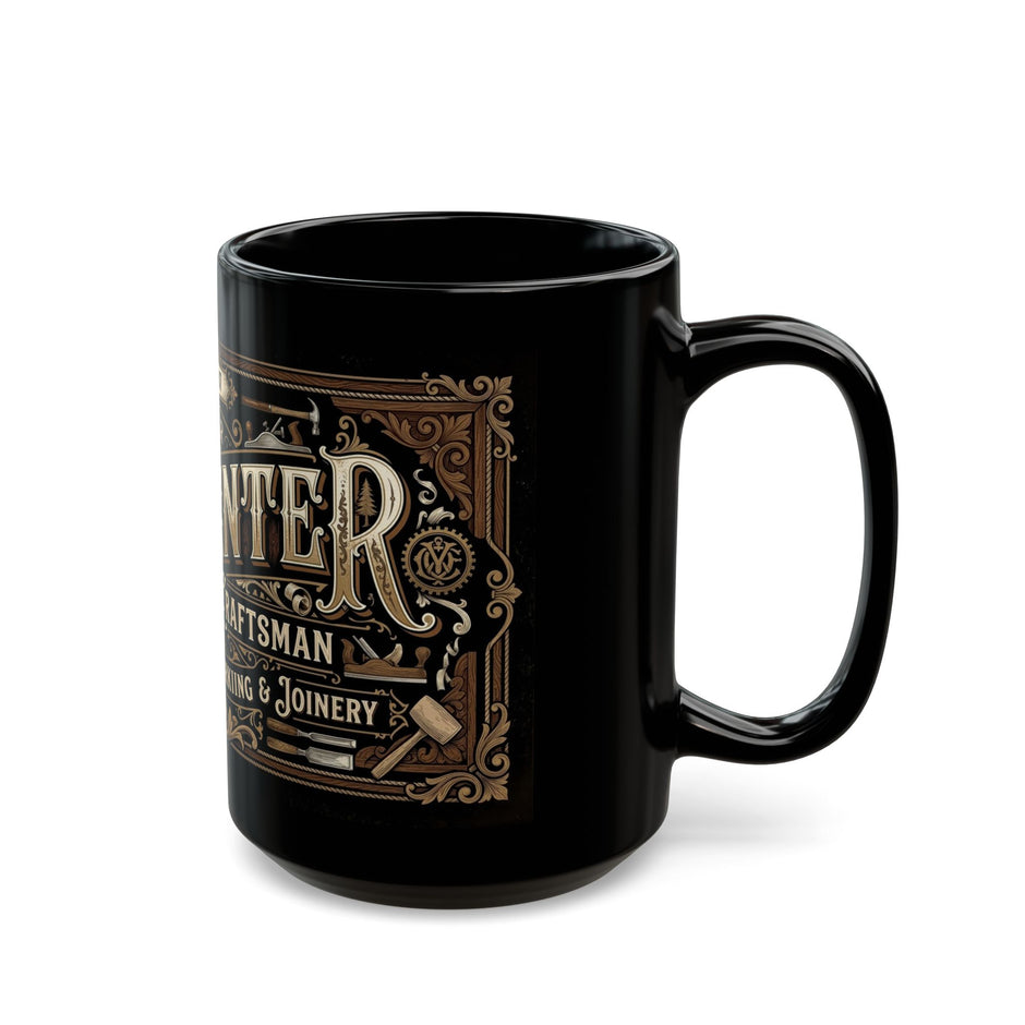 Black mug with decorative text and graphics on a white background