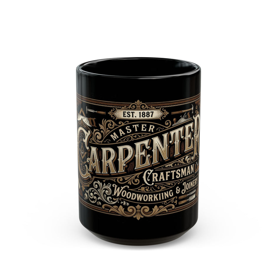 Master Carpenter Coffee Mug with decorative text and branding on a white background