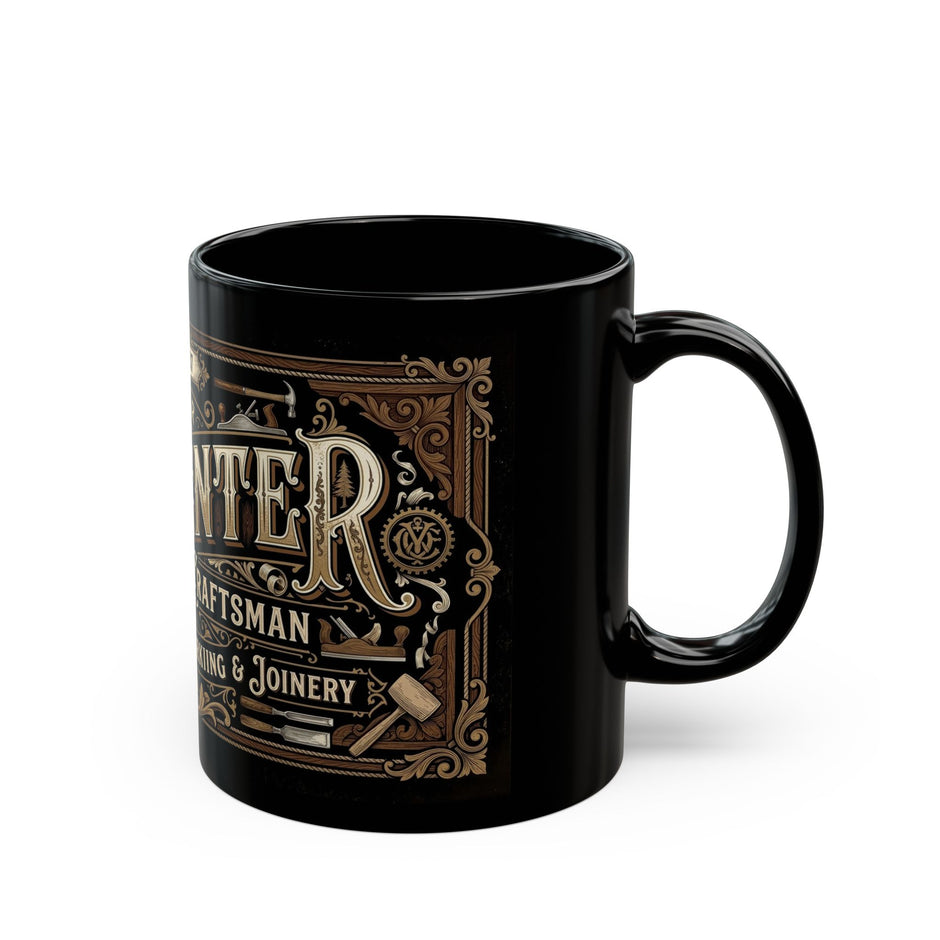 Black mug with 'Master Carpenter' logo on a white background