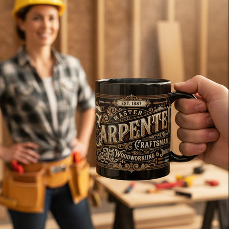 Master Carpenter Coffee Mug with decorative text in jobsite background