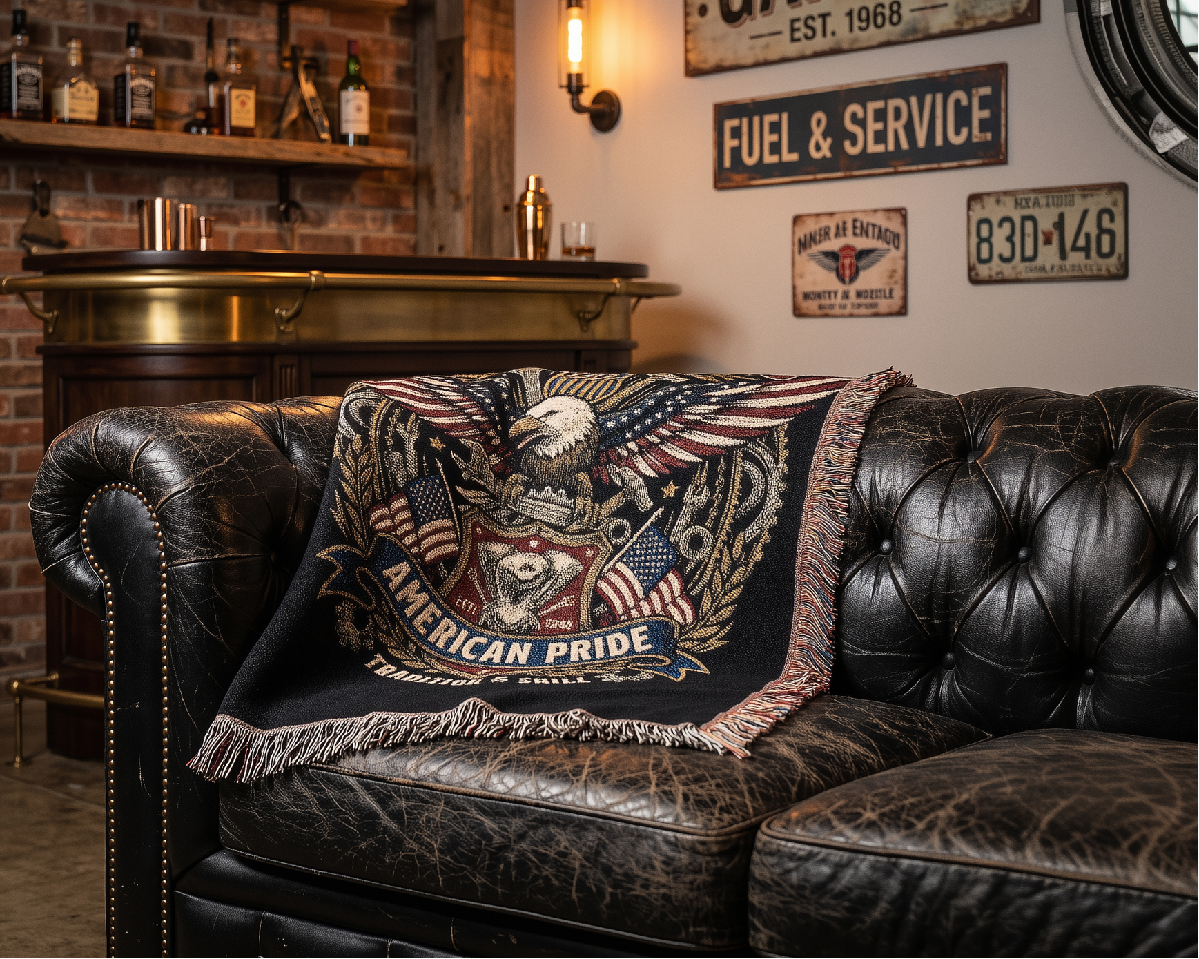 Man Cave Mechanic skilled trade with leather sofa, brick wall, and vintage decor.