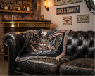 Man Cave Mechanic skilled trade with leather sofa, brick wall, and vintage decor.