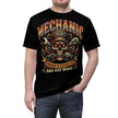 Black t-shirt with a graphic design featuring a skull, wrenches, and text on a white background.
