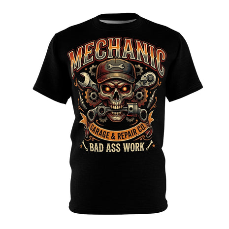 Black t-shirt with a graphic design featuring a skull, wrenches, and text on a white background.