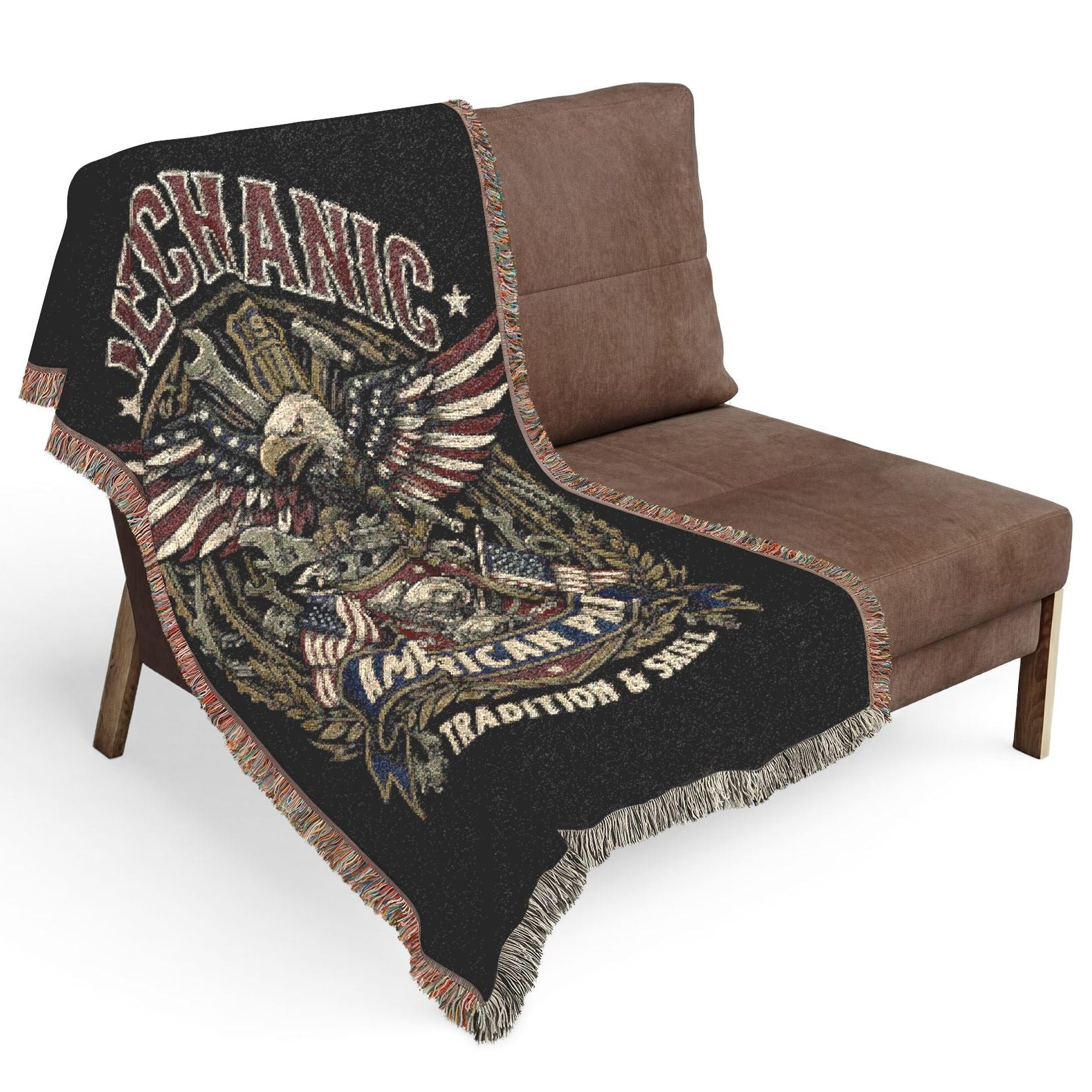 Mechanic-themed blanket draped over a brown chair on a white background