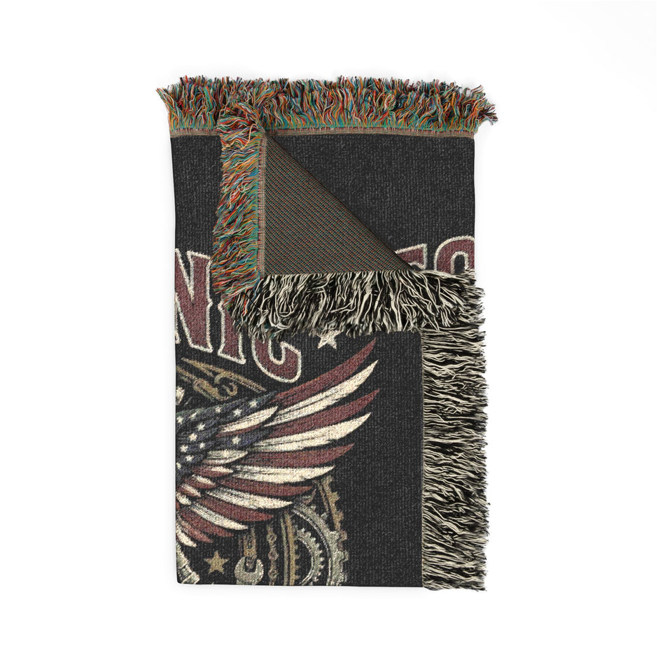 Mechanic Skilled Trades American Pride Decorative blanket with an eagle design draped over a brown chair on a white background