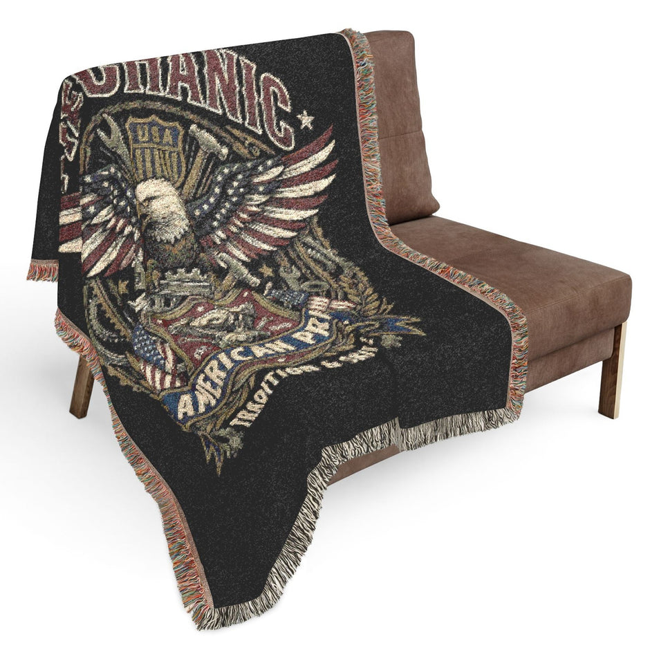 Mechanic Skilled Trades American Pride Decorative blanket with an eagle design draped over a brown chair on a white background