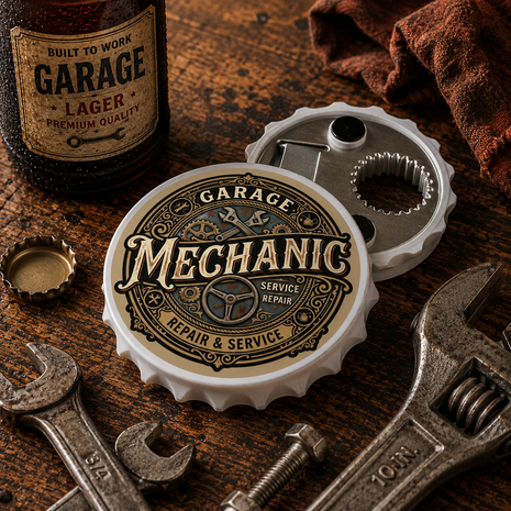 A bottle-cap-shaped garage mechanic themed coaster or tray in the foreground, with a matching metal cap tool behind it, surrounded by wrenches and a bottle cap on a rustic wooden tabletop. A bottle labeled Garage Lager is partially visible in the background.