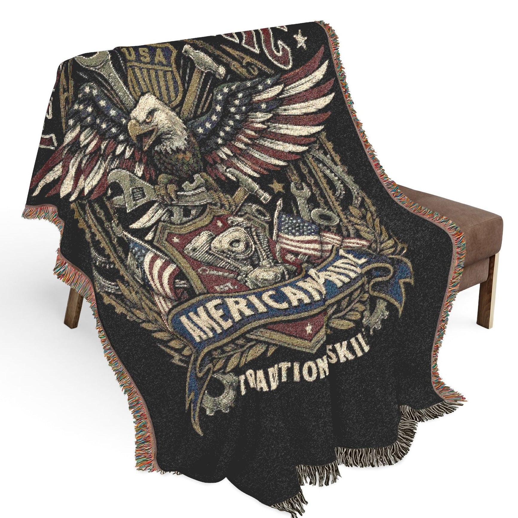 Mechanic Skilled Trades American Pride Fringed Throw laying on Chair