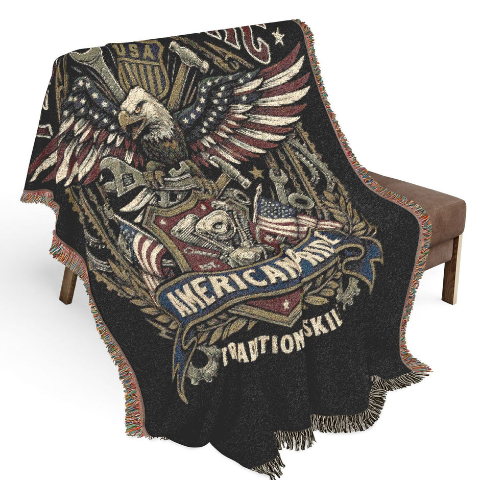 Mechanic Skilled Trades American Pride Fringed Throw laying on Chair