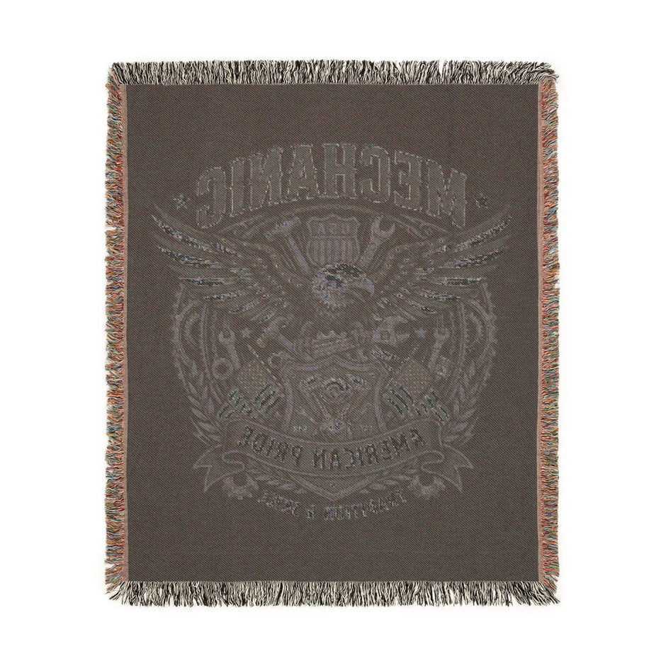 Mechanic Skilled Trades American Pride Decorative blanket with an eagle design draped over a brown chair on a white background