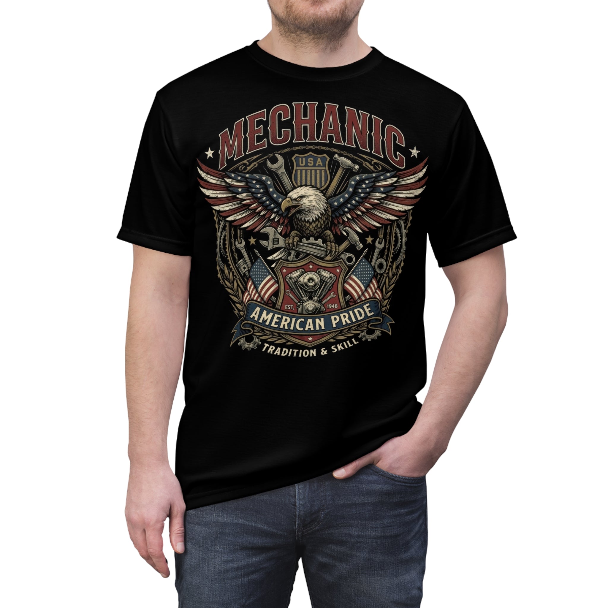 Black t-shirt with 'Mechanic American Pride' design on a white background