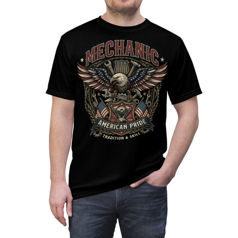 Black t-shirt with 'Mechanic American Pride' design on a white background