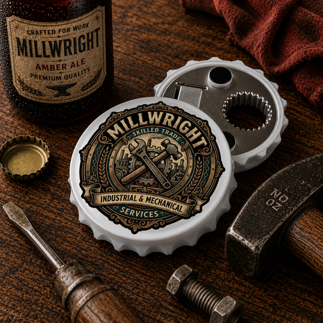 A bottle cap opener tool displayed on a wooden workbench, featuring a vintage Millwright label design. The white and silver metal opener is surrounded by tools including a hammer, a screwdriver, a bottle cap, and a wrench, with a dark brown bottle and a red cloth in the background.