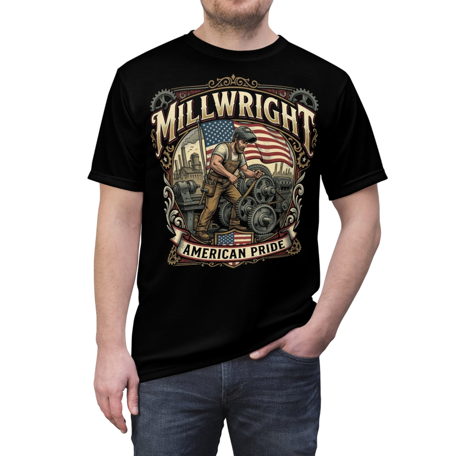 Black t-shirt with 'Millwright American Pride' graphic design on a white background