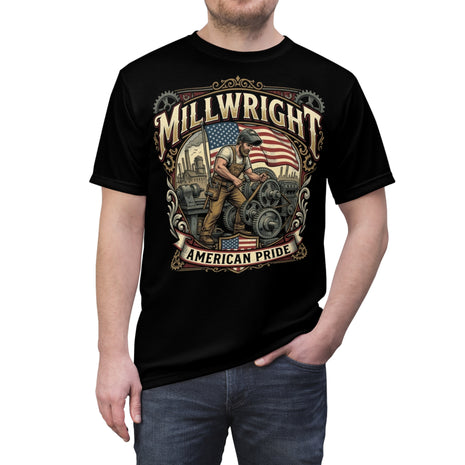Black t-shirt with 'Millwright American Pride' graphic design on a white background