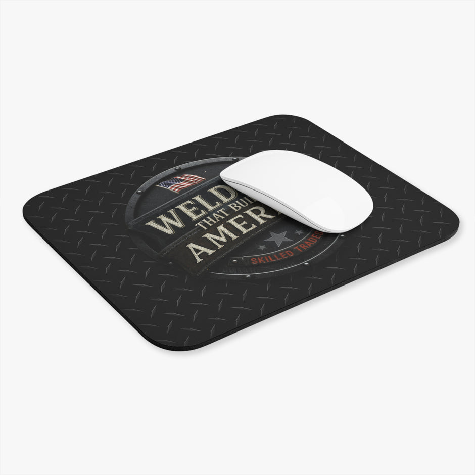 Mouse pad with text and American flag design on a white background