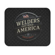 Mouse pad with 'Welders That Build America' text and American flag on a black textured background