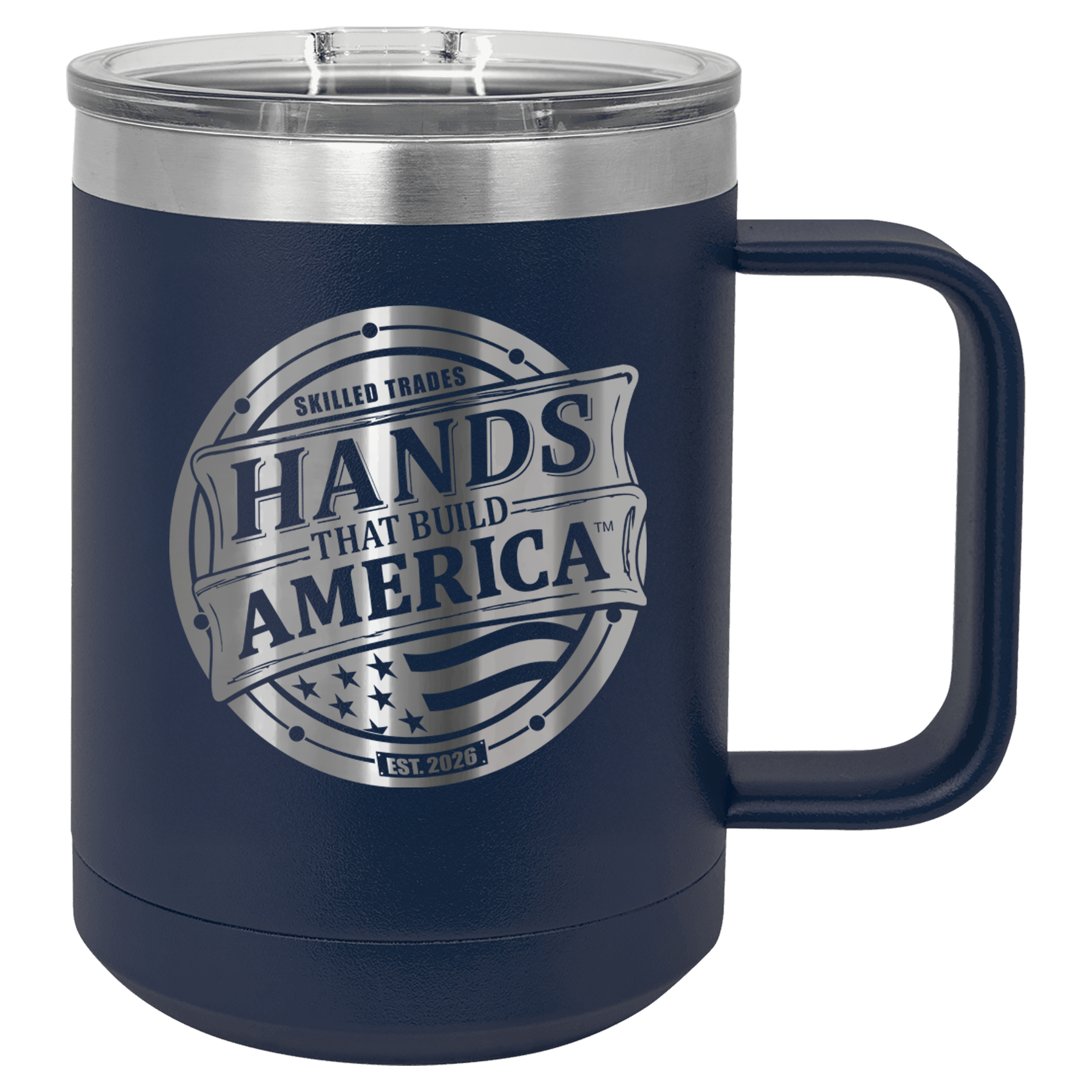 Navy Blue mug with 'Hands That Build America' logo on a checkered background