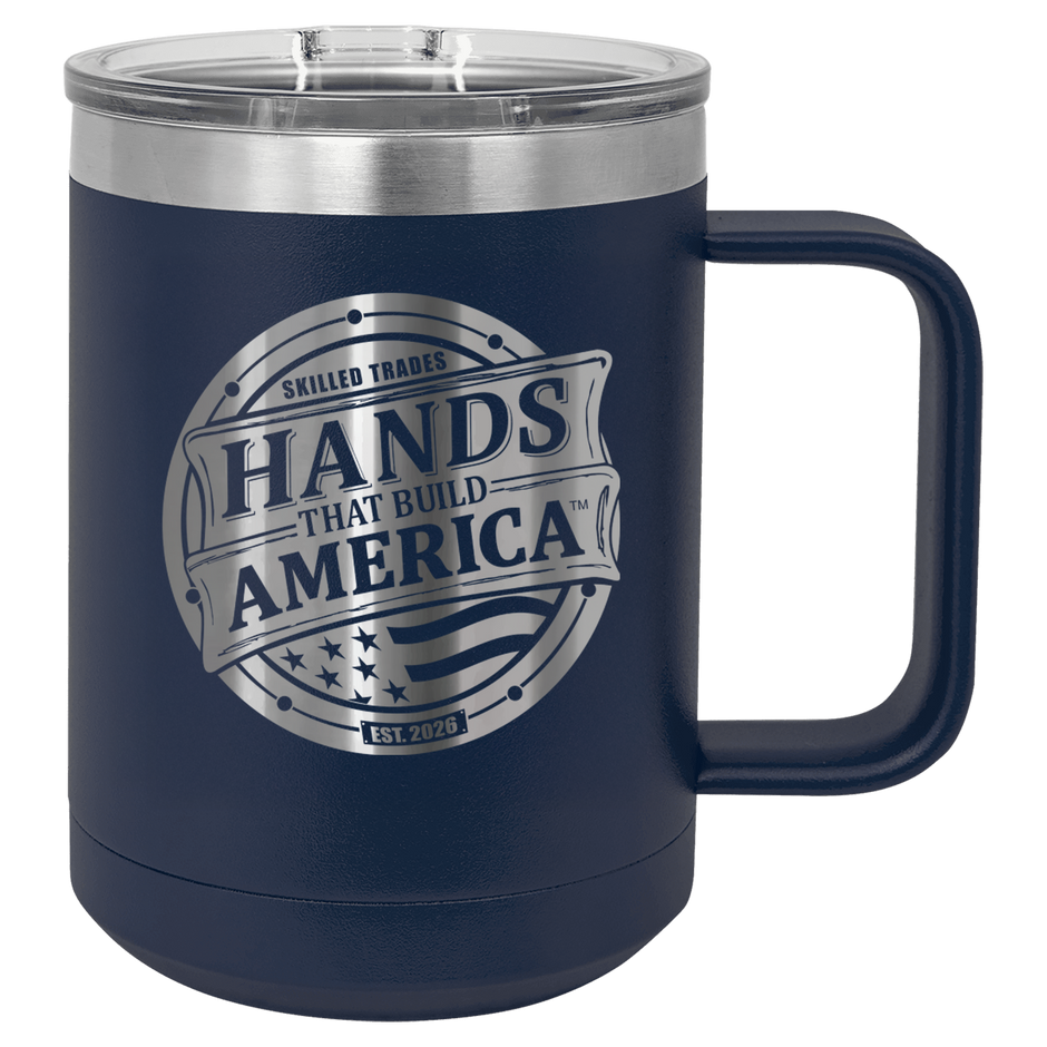 Navy Blue mug with 'Hands That Build America' logo on a checkered background
