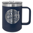Navy Blue mug with 'Hands That Build America' logo on a checkered background