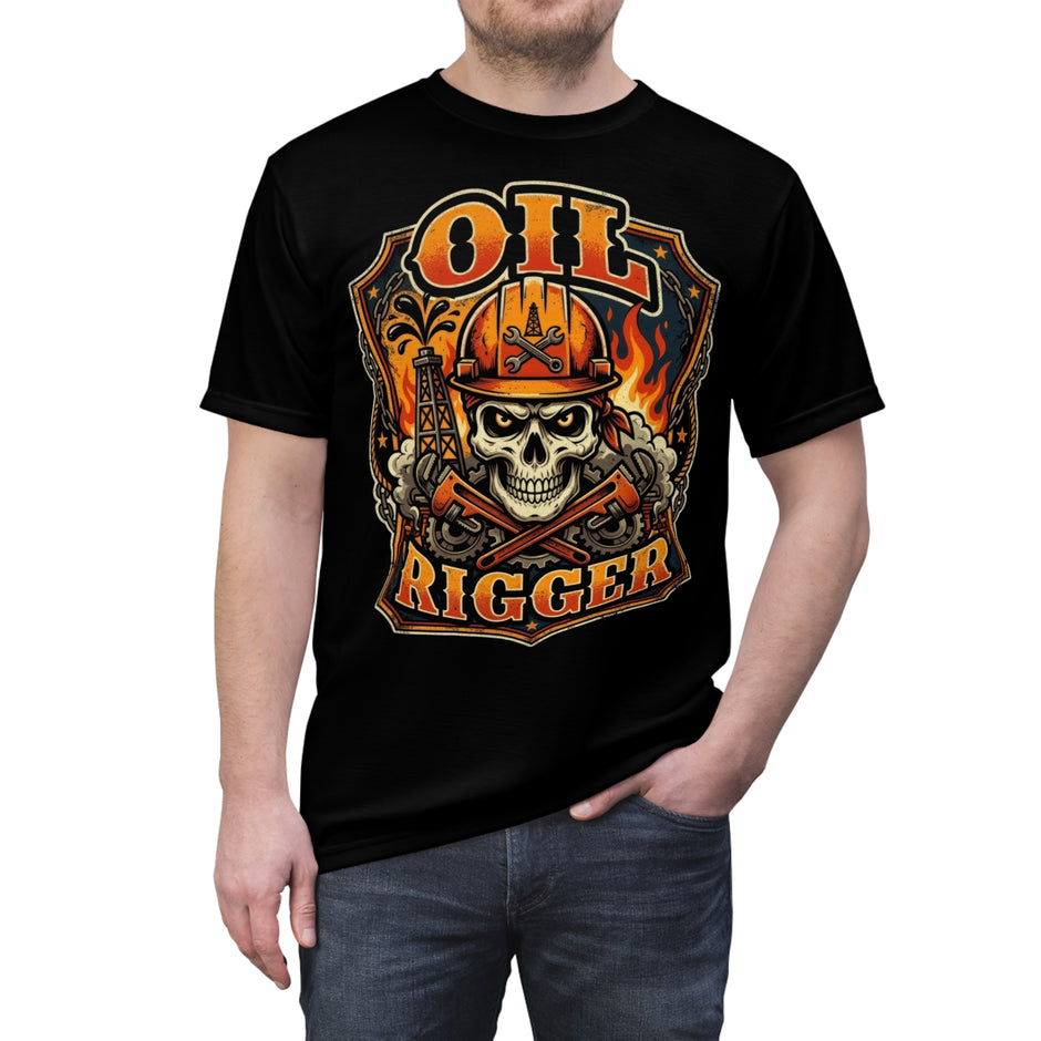 Black t-shirt with 'Oil Rigger' graphic design featuring a skull and crossed tools on a white background.