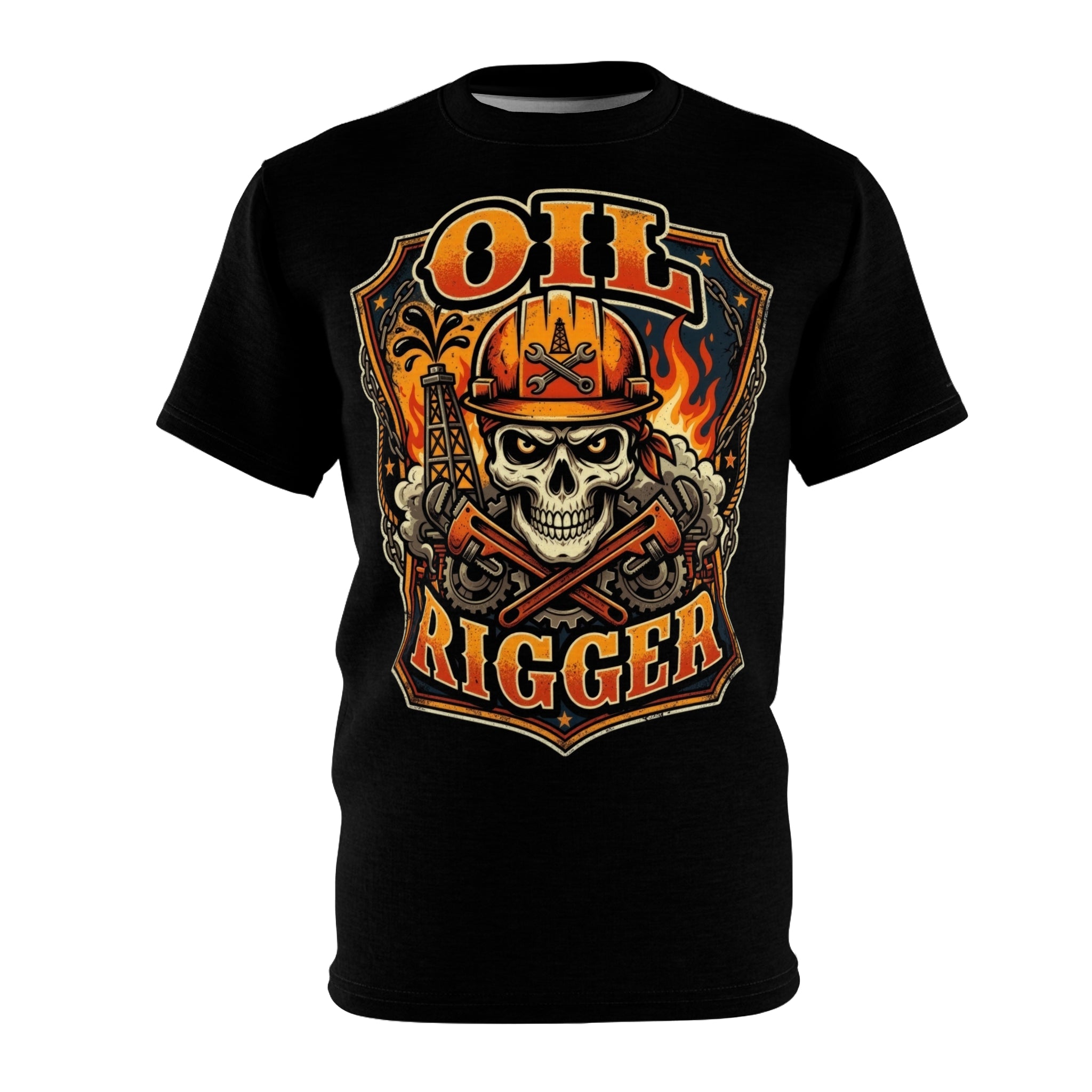 Black t-shirt with 'Oil Rigger' graphic design featuring a skull and crossed tools on a white background.