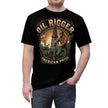 Black t-shirt with 'Oil Rigger American Pride' graphic design on a white background