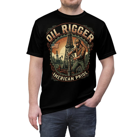 Black t-shirt with 'Oil Rigger American Pride' graphic design on a white background