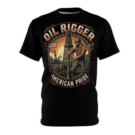 Black t-shirt with 'Oil Rigger American Pride' graphic design on a white background
