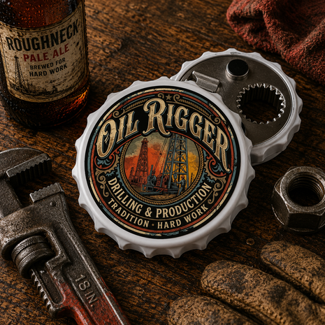 A bottle-cap-shaped metal tool labeled 'Oil Rigger' sits on a rustic wooden surface with a wrench, nut, cloth, and a beer bottle nearby. The product is shown in a styled real-world setting rather than isolated on a plain background.
