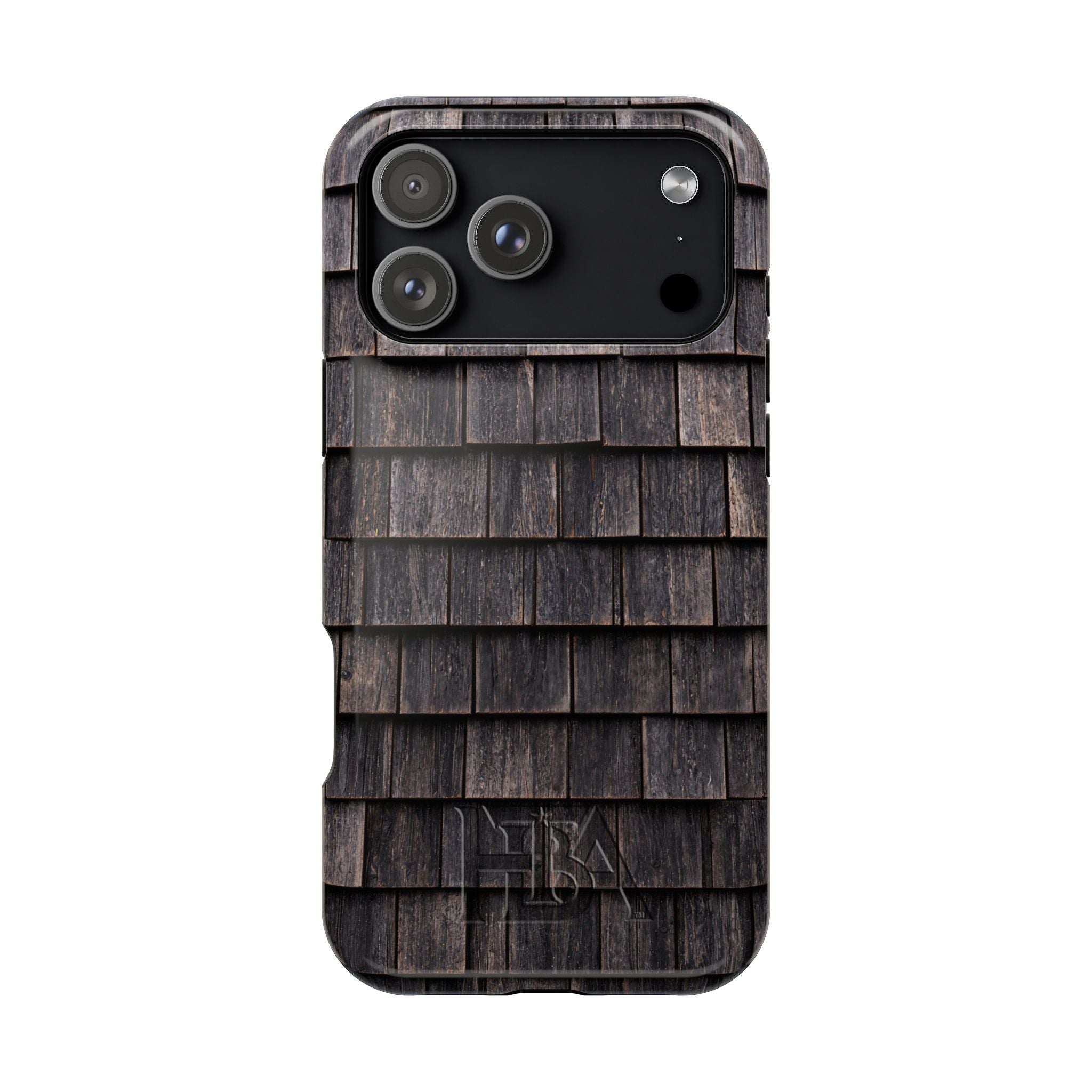 Phone case with wooden shingle design on a white background