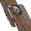 Artistic Wood-like phone case with camera module on a white background
