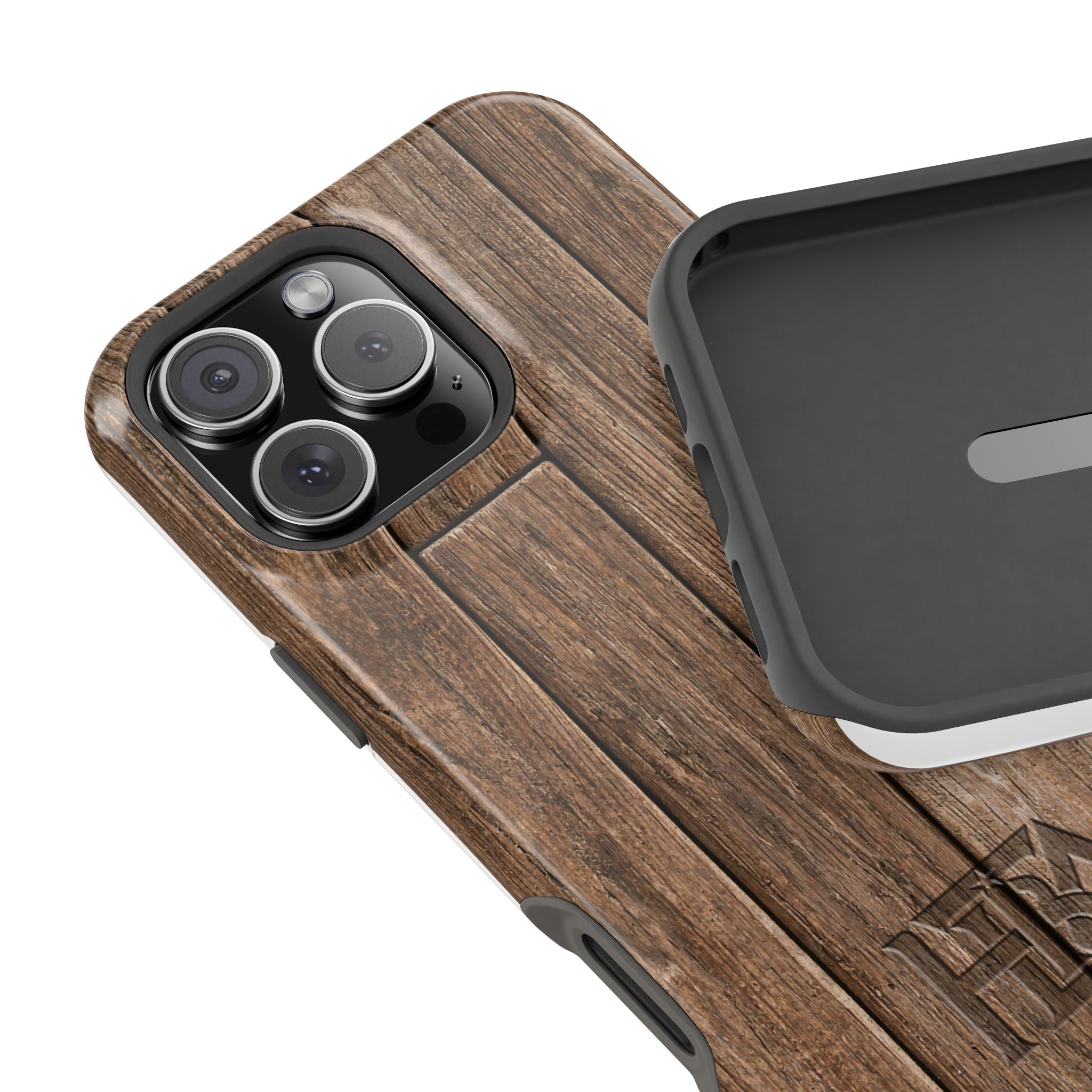 Wooden phone case with black camera module and black back cover on a white background