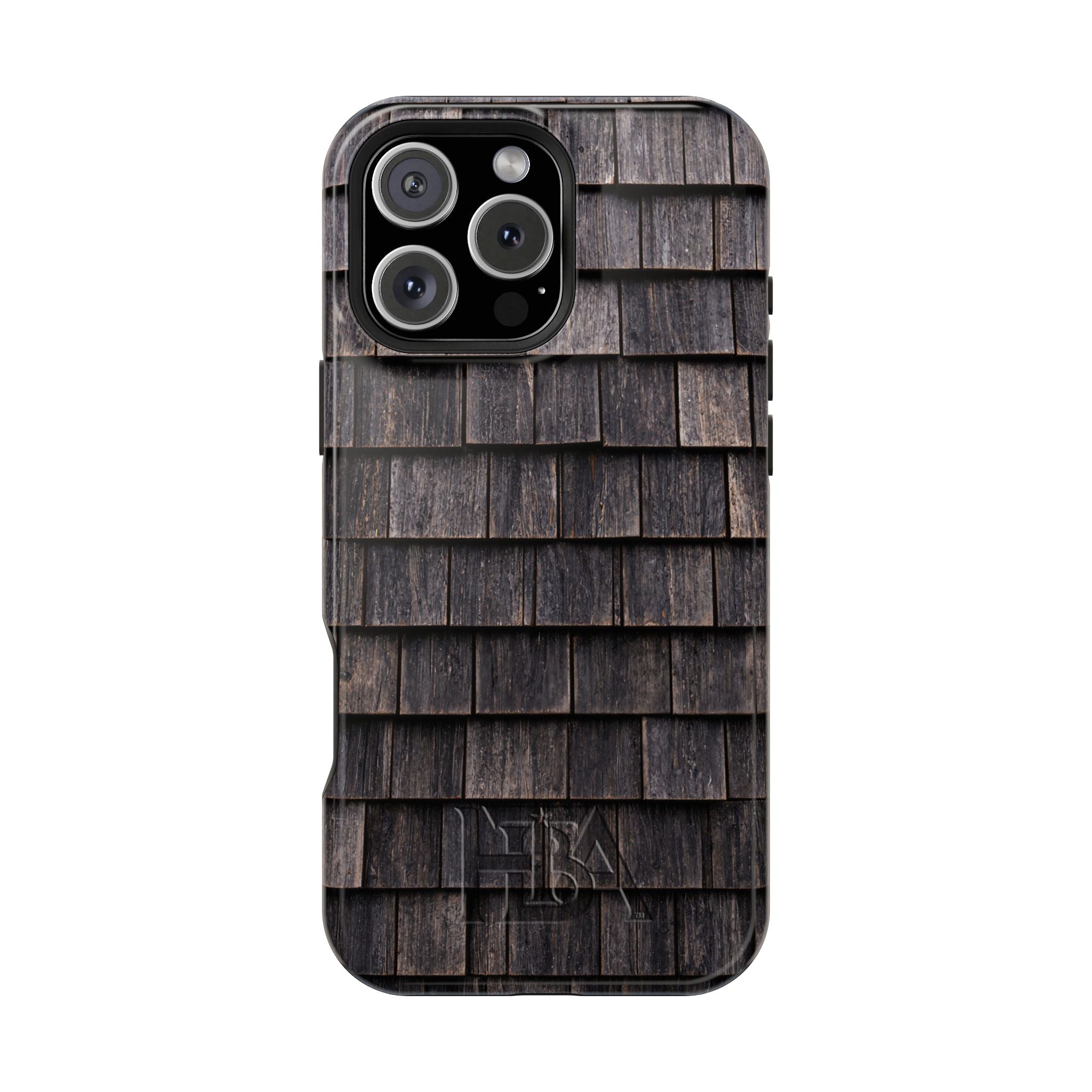 Phone case with wooden shingle pattern on a white background
