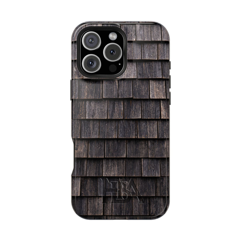 Phone case with wooden shingle pattern on a white background