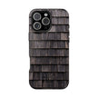 Phone case with wooden shingle pattern on a white background
