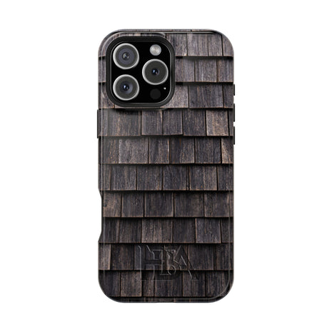 Phone case with wooden shingle pattern on a white background