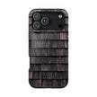 Phone case with wooden shingle design on a white background