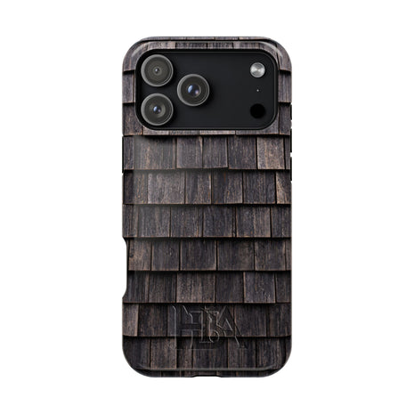 Phone case with wooden shingle design on a white background