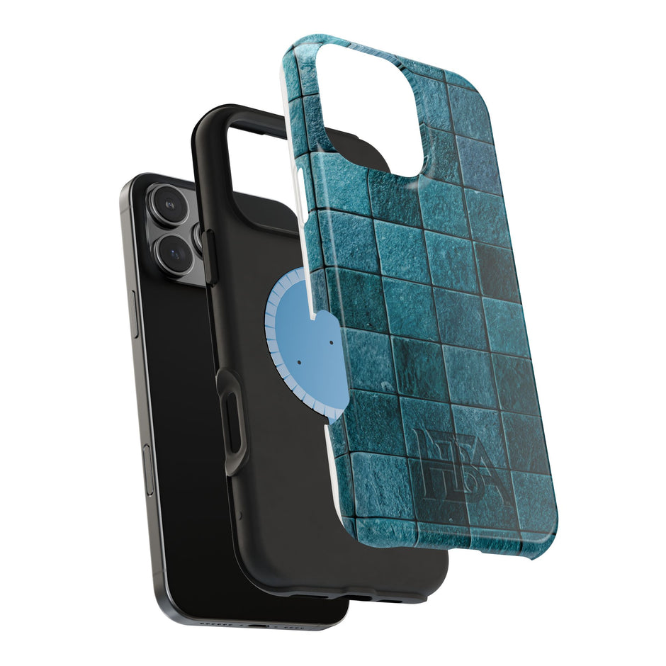 Phone case with blue checkered pattern and heart design on a white background