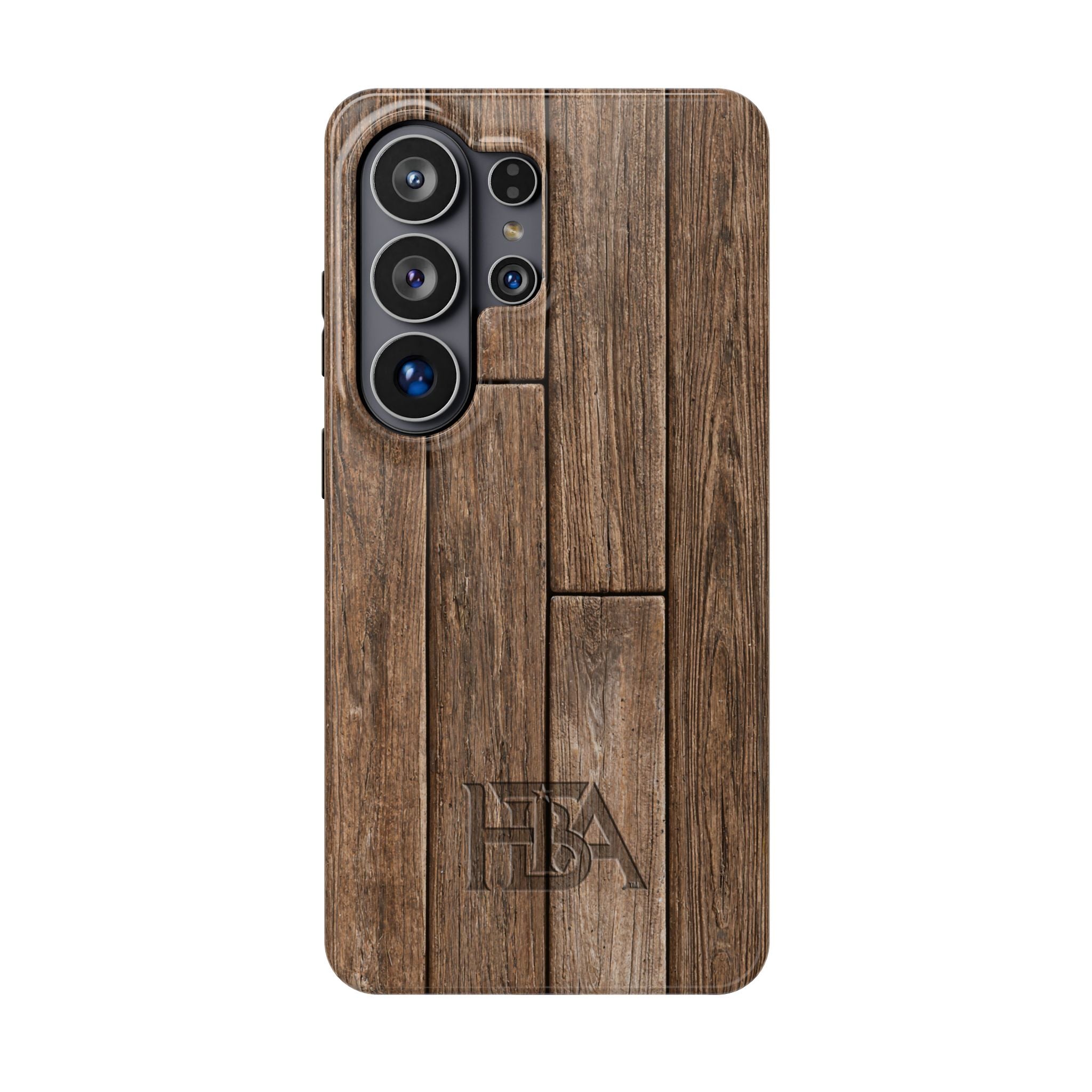 Wooden phone case with HTBA logo on a white background